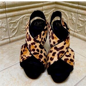 Diane Von Furstenberg Leopard Crisscross Slingback Heels - Tan/Black